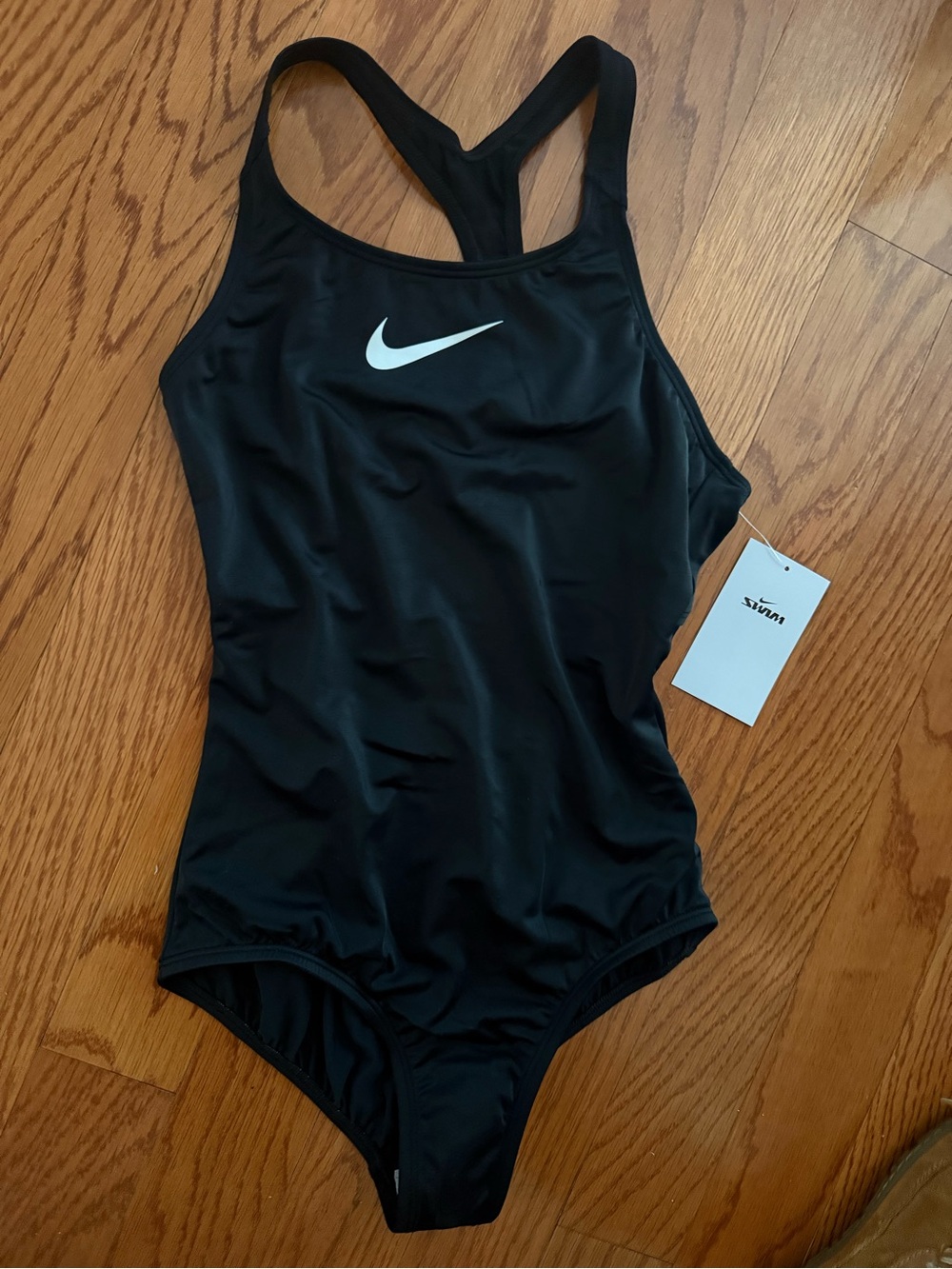 NWT Nike Black One-Piece Swimsuit with White Swoosh Accent